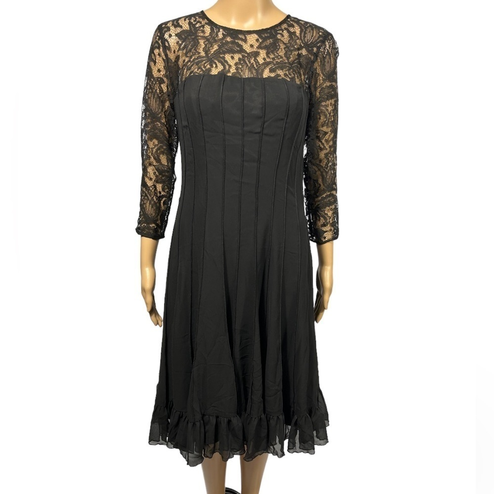 Adrianna Papell Black Lace Top Fit & Flare Elbow Sleeves Midi Bridal Gown Size 6